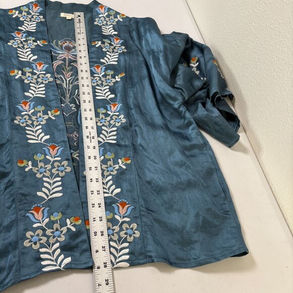 Novica Azure Autumn Floral Embroidered Kimono Jacket Size S M Blue Birds Pockets - Picture 13 of 13